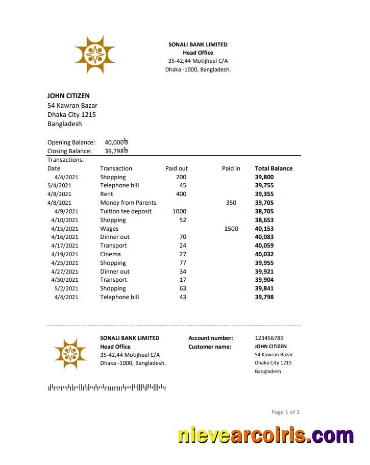Bangladesh Sonali bank statement easy to fill in Excel and PDF format